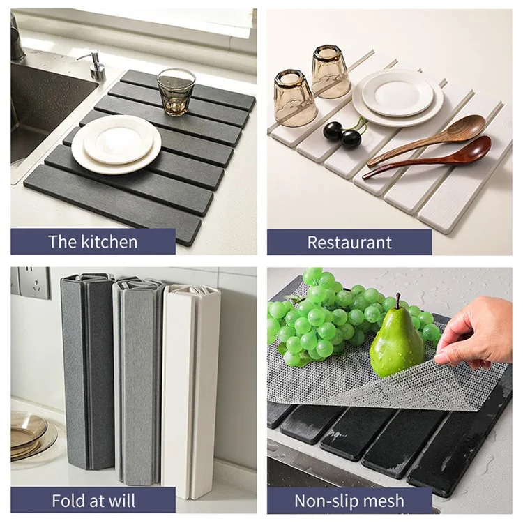60 x 39cm Foldable Diatomite Drying Mat for Kitchen Bathroom Absorbent Dish Drainer Countertop Drying Pad - White