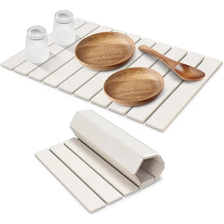 Tapis de séchage en diatomée pliable de 59 x 79 cm pour cuisine et salle de bain - Égouttoir absorbant pour plan de travail - Blanc