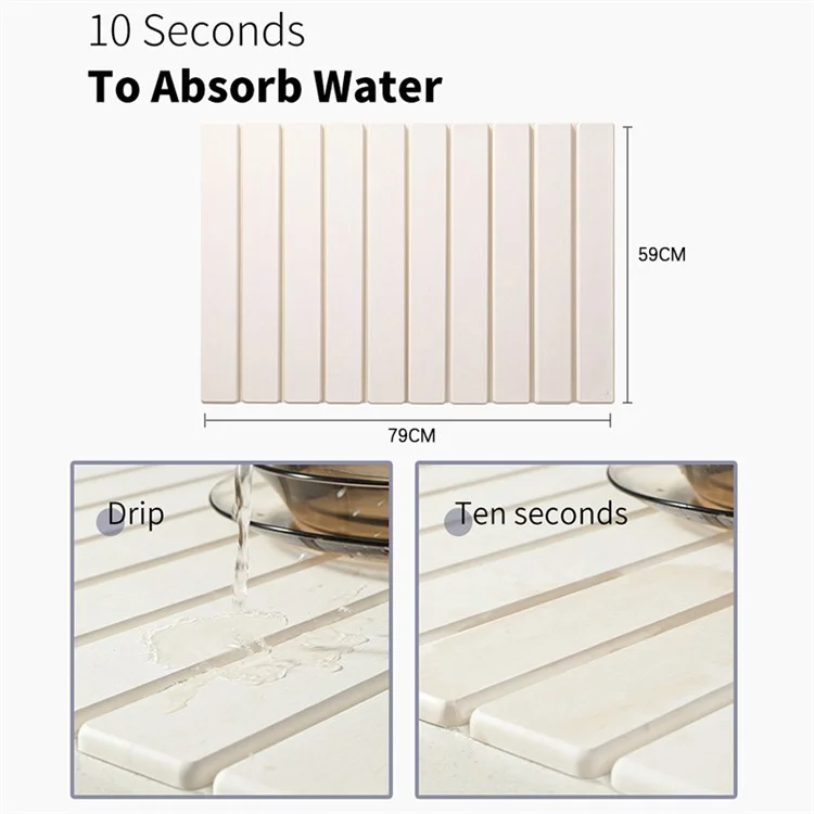 Tapis de séchage en diatomée pliable de 59 x 79 cm pour cuisine et salle de bain - Égouttoir absorbant pour plan de travail - Blanc