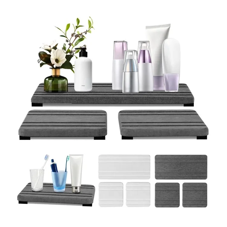3Pcs / Set Bathroom Countertop Draining Mat Diatomite Soap Dish Sponge Holder Kitchen Faucet Organizer - Dark Grey