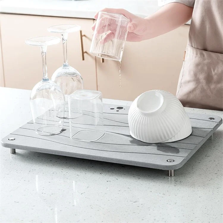 Fast Absorbing Diatomite Dish Drying Mat with Metal Stand Kitchen Bathroom Sink Draining Pad - Engraving Stripes