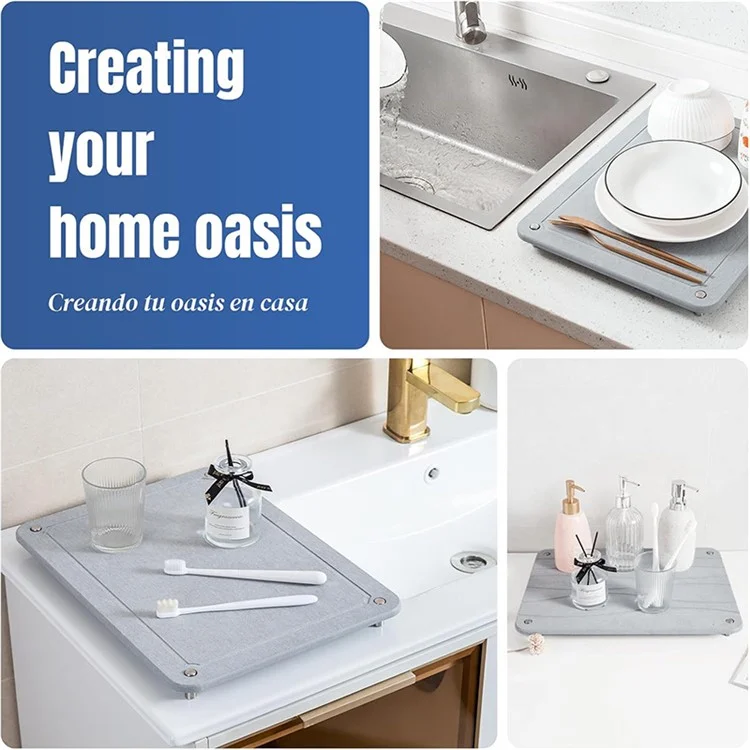 Fast Absorbing Diatomite Dish Drying Mat with Metal Stand Kitchen Bathroom Sink Draining Pad - Engraving Stripes