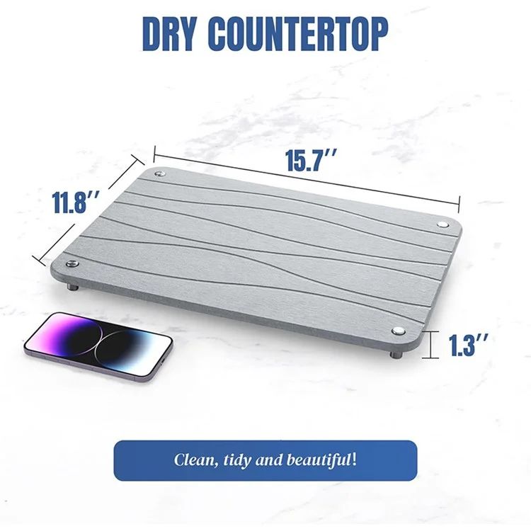 Fast Absorbing Diatomite Dish Drying Mat with Metal Stand Kitchen Bathroom Sink Draining Pad - Engraving Stripes