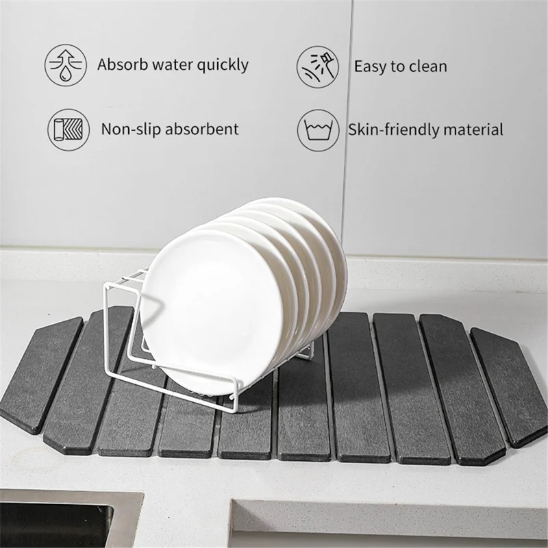 60 x 39cm Polygonal Shape Diatomite Folding Mat for Kitchen Countertop Absorbent Drying Draining Pad