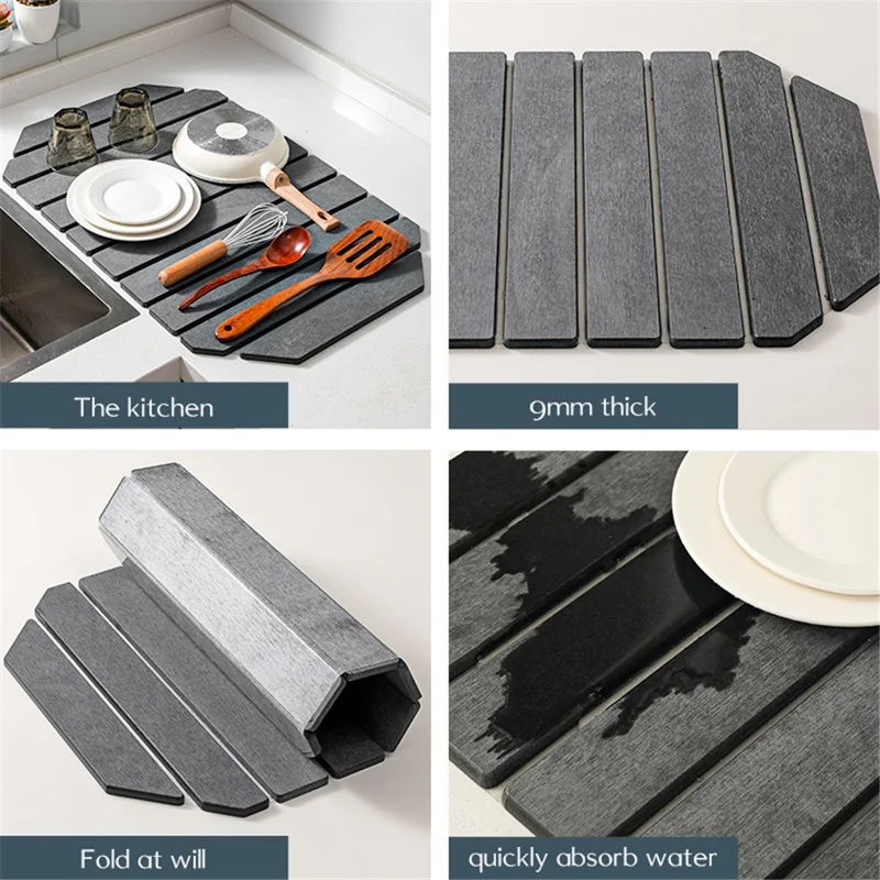 60 x 39cm Polygonal Shape Diatomite Folding Mat for Kitchen Countertop Absorbent Drying Draining Pad