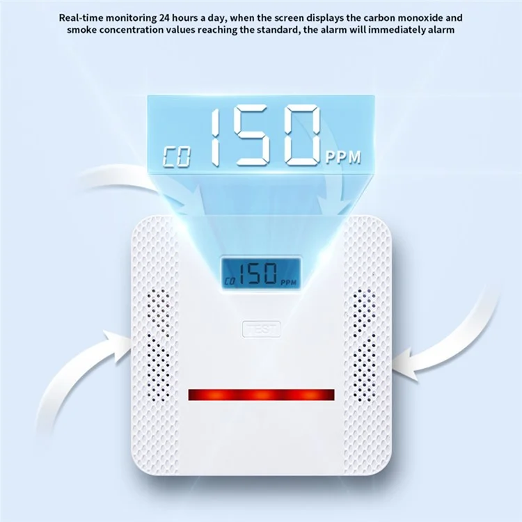 XY-S510COM Carbon Monoxide Alarm Detector 2 in 1 CO / Smoke Alarm Detector Battery-Operated Alerter with LCD Display for Home School Office (Battery not Included)