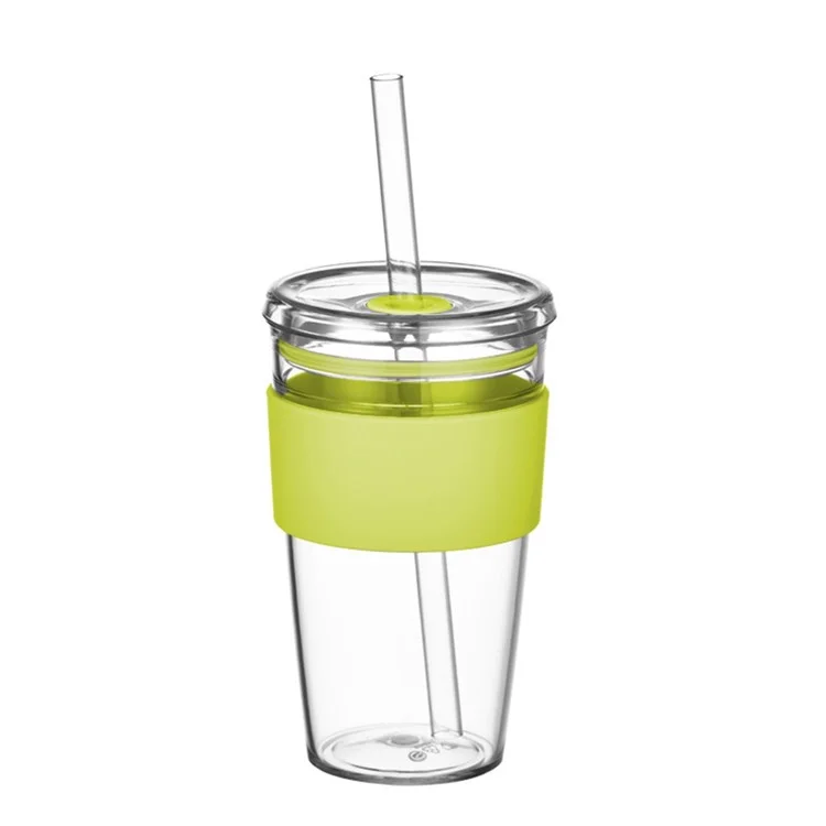 Bouteille d'eau avec paille Tritan de 450 ml, Tasse à café avec manchon, Gourde portable pour maison / bureau (Sans FDA, Sans BPA) - Vert fluorescent