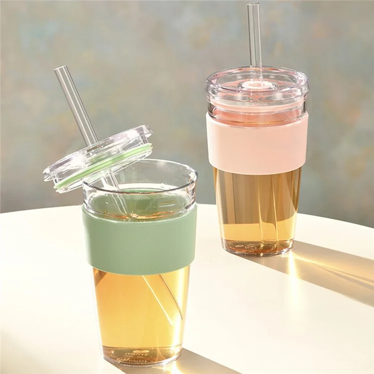 Bouteille d'eau avec paille Tritan de 450 ml, Tasse à café avec manchon, Gourde portable pour maison / bureau (Sans FDA, Sans BPA) - Vert fluorescent