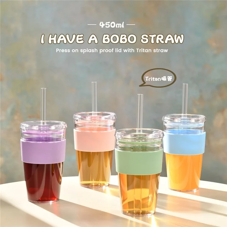 Bouteille d'eau avec paille Tritan de 450 ml, Tasse à café avec manchon, Gourde portable pour maison / bureau (Sans FDA, Sans BPA) - Vert fluorescent
