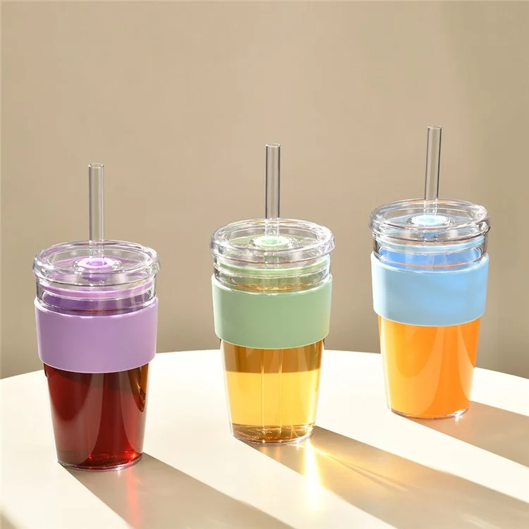 Bouteille d'eau avec paille Tritan de 450 ml, Tasse à café avec manchon, Gourde portable pour maison / bureau (Sans FDA, Sans BPA) - Vert fluorescent