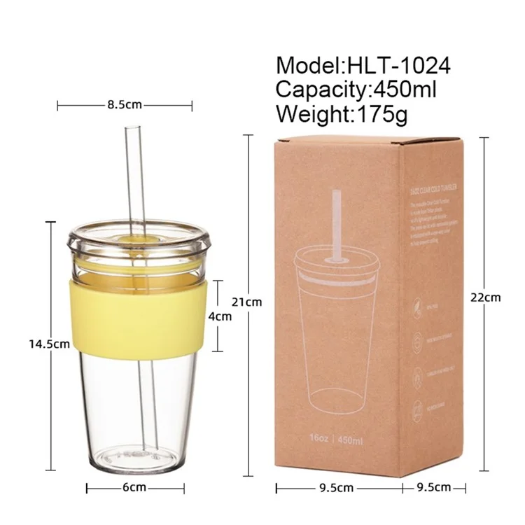 Bouteille d'eau avec paille Tritan de 450 ml, Tasse à café avec manchon, Gourde portable pour maison / bureau (Sans FDA, Sans BPA) - Vert fluorescent