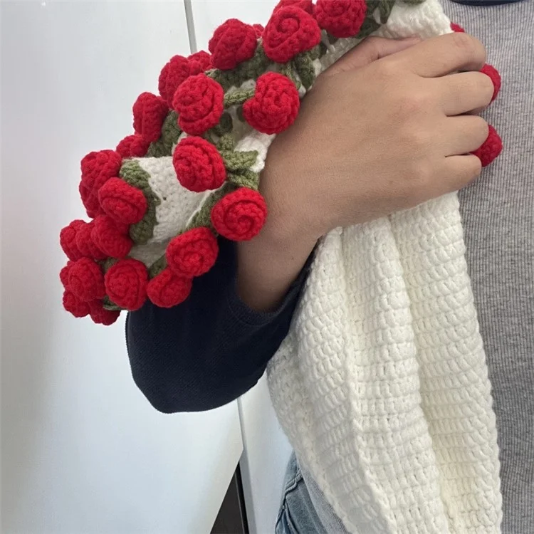 110cm Diameter 60 Flowers Round Blanket Soft Yarn Crochet 3D Floral Bouquet Blanket - Red Rose + White Blanket