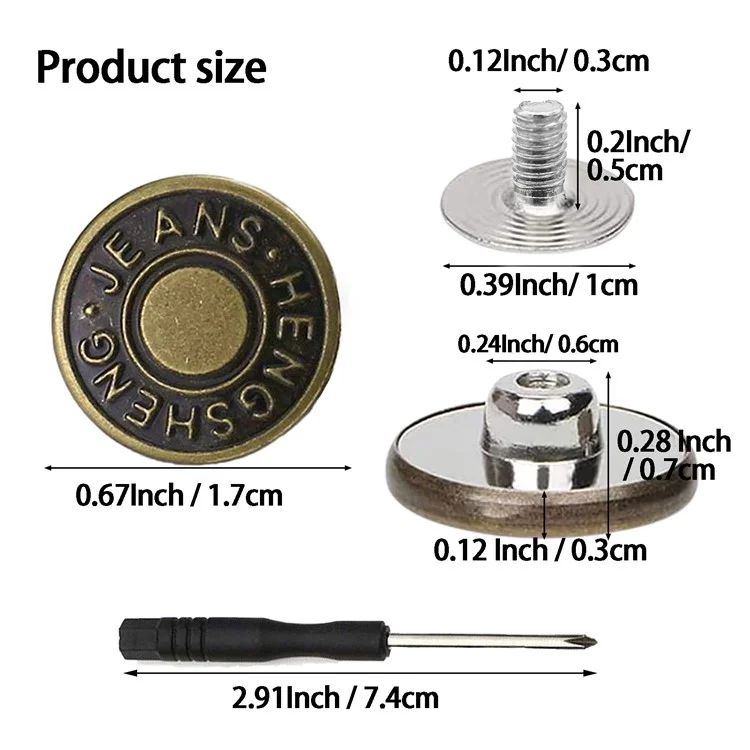 12 Botões de metal removíveis de 17 mm para jeans Sem costura Conjunto de reparo de rebites - Bronze