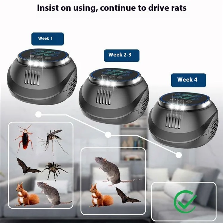 B01 4 Modes High Power Ultrasonic Pest Repeller with Timer Flashing Light for Mice / Rats / Cockroaches - Black