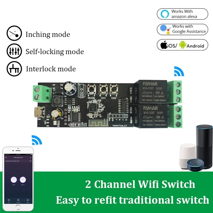 TY-DIY02 TUYA 2-Channel WiFi Smart Switch Relay Module Timing Function App Voice Remote Control for Amazon Alexa Google Assistant