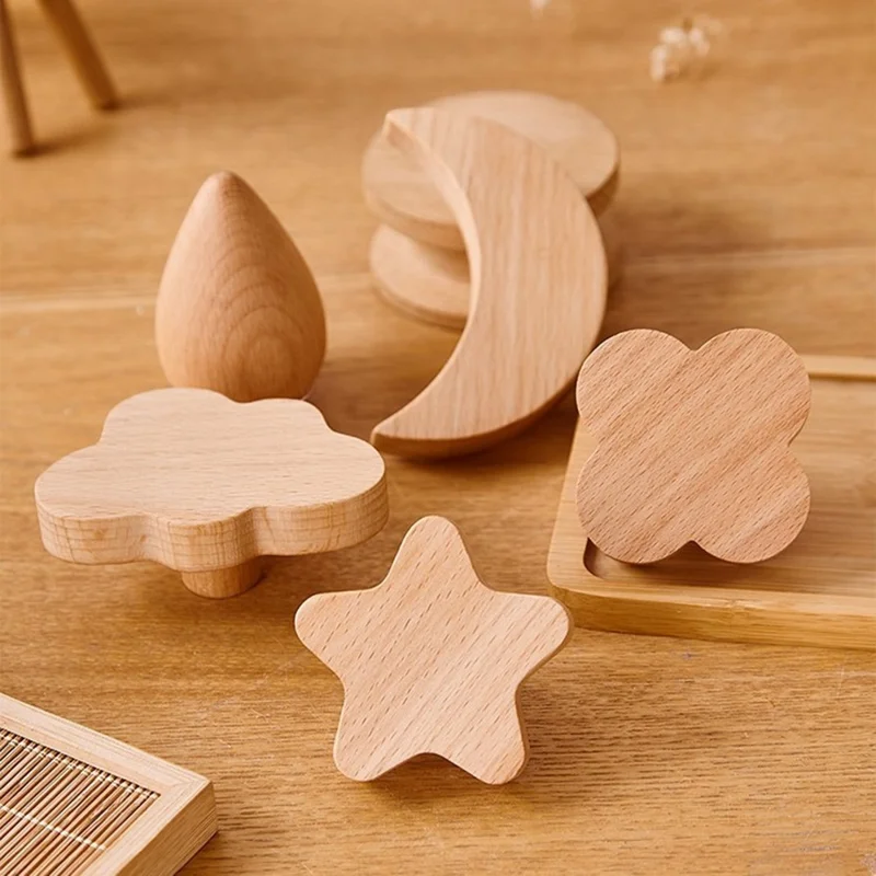 Cute Wooden Drawer Pulls Kids Room Closet Cabinet Cartoon Pattern Handles Decorative Hooks - Moon  /  M6 Nut
