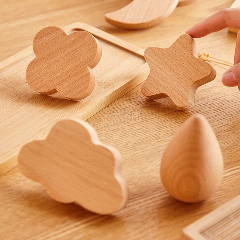 Cute Wooden Drawer Pulls Kids Room Closet Cabinet Cartoon Pattern Handles Decorative Hooks - Moon  /  M6 Nut