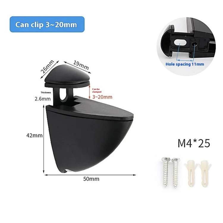 K169 3-20mm Adjustable Glass Shelf Zinc Alloy Clamp Glass Wood Board Fixing Clip Support Bracket - Black