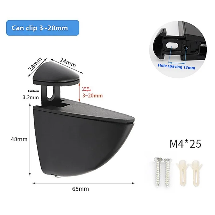 K170 3-20mm Adjustable Glass Shelf Zinc Alloy Clamp Glass Wood Board Fixing Clip Support Bracket - Black