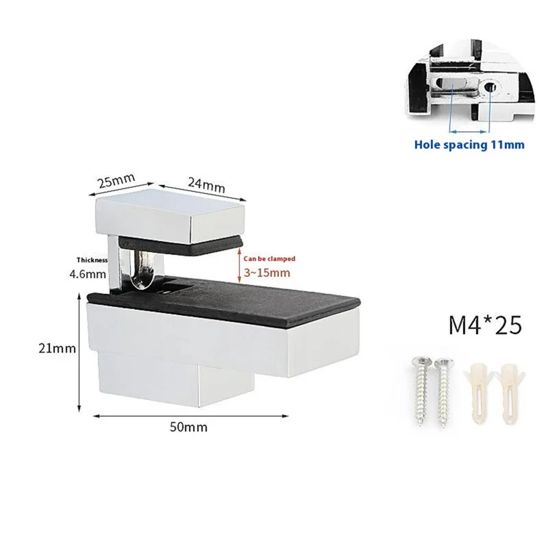 K826 Adjustable Glass Shelf Fixed Holder Zinc Alloy Support Clamp Arc-Mouth Clip (Clamping Thickness: 3 - 15mm) - Bright