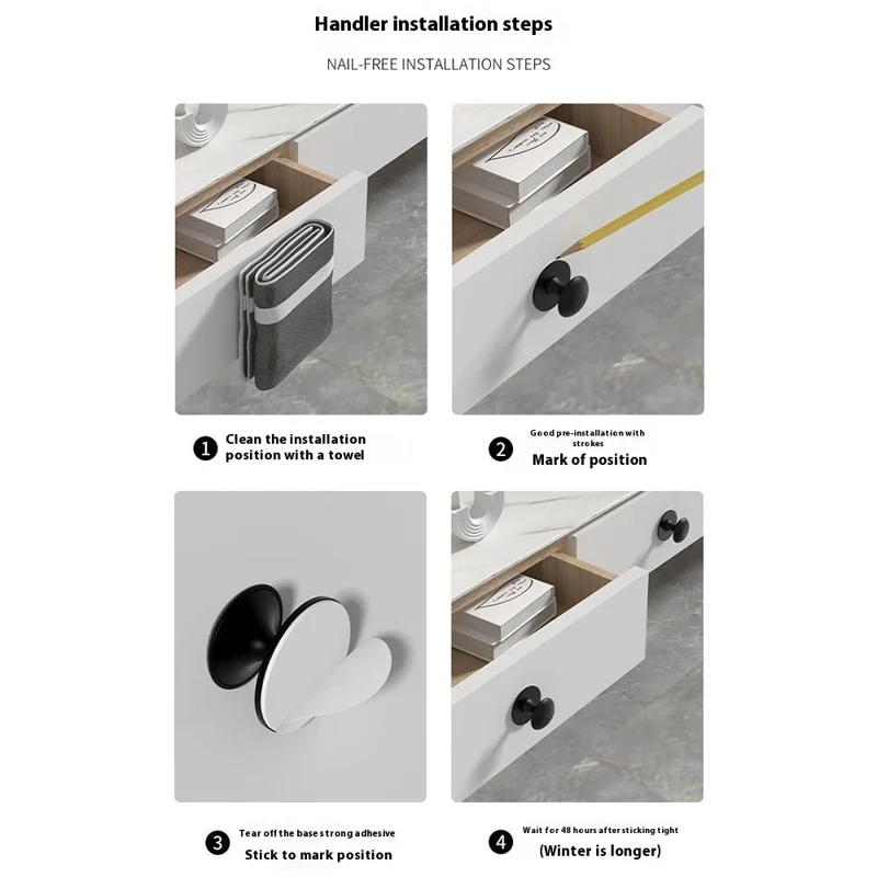 Stainless Steel No-Drill Furniture Cabinet Door Handle Adhesive Round Drawer Pull Knob - Black