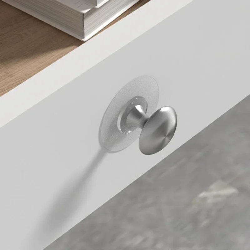 No Drill Cabinet Handle Adhesive Drawer Knob with Brushed Silver Clear Base Round Pull Single Hole for Glass Door Furniture