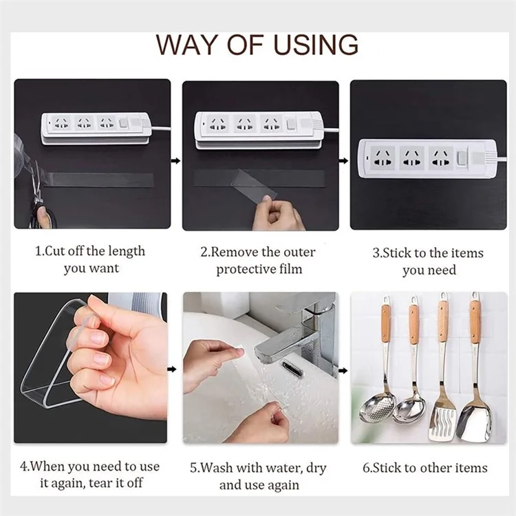 20mmx2mm Dual-Sided Nano Adhesive Tape Sticky Transparent Carpet Wall Tape Sticker, Length: 1m