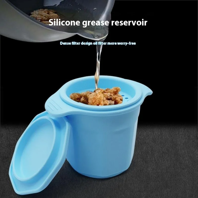 Silicone Grease Container with Strainer Lid Bacon Fat Storage Oil Bottle Lard Keeper (BPA Free, No FDA) - Dark Blue
