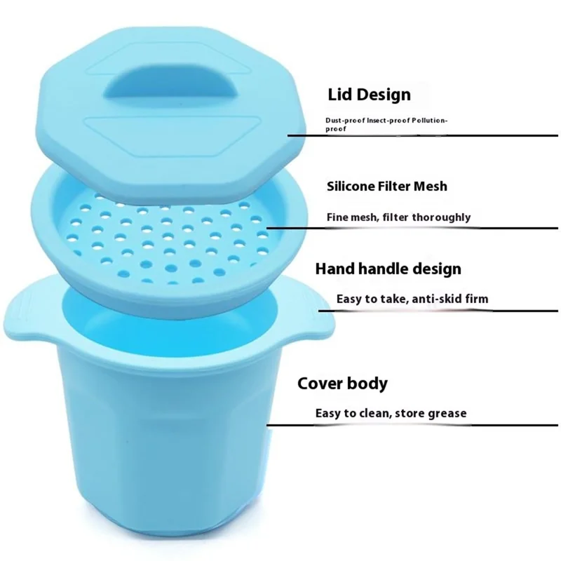 Silicone Grease Container with Strainer Lid Bacon Fat Storage Oil Bottle Lard Keeper (BPA Free, No FDA) - Dark Blue