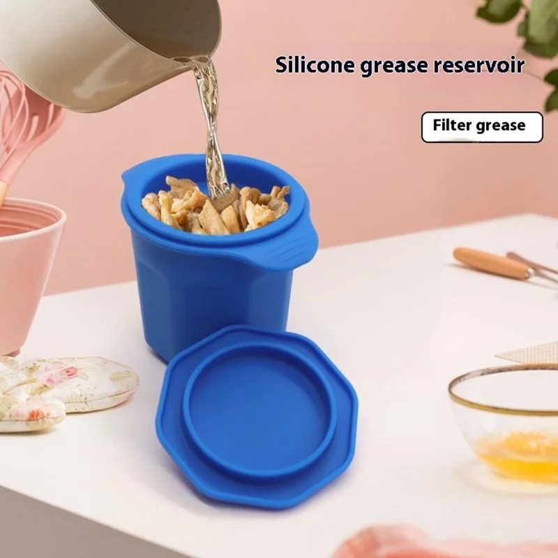 Silicone Grease Container with Strainer Lid Bacon Fat Storage Oil Bottle Lard Keeper (BPA Free, No FDA) - Dark Blue