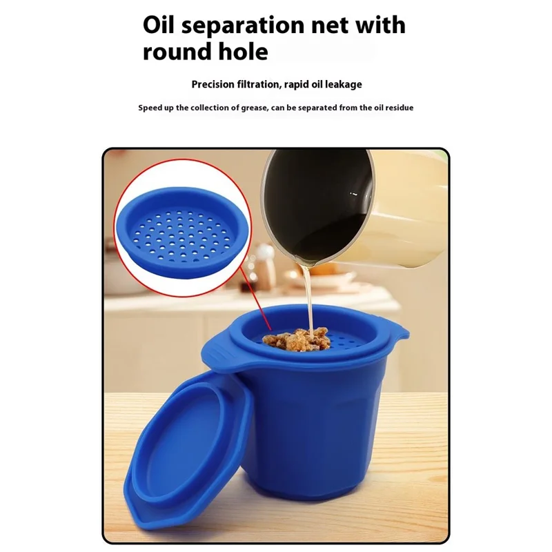 Silicone Grease Container with Strainer Lid Bacon Fat Storage Oil Bottle Lard Keeper (BPA Free, No FDA) - Dark Blue