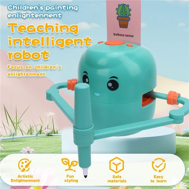 Robô de Aprendizado Artístico Infantil com Máquina de Desenho - Brinquedo Educacional com 100 Cartões de Pintura - Verde Claro