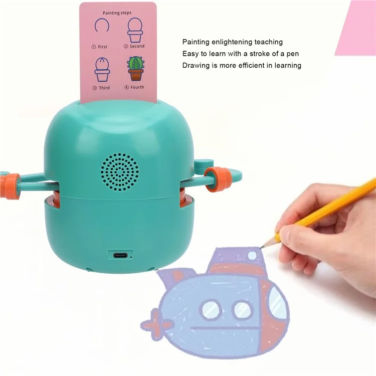 Robô de Aprendizado Artístico Infantil com Máquina de Desenho - Brinquedo Educacional com 100 Cartões de Pintura - Verde Claro