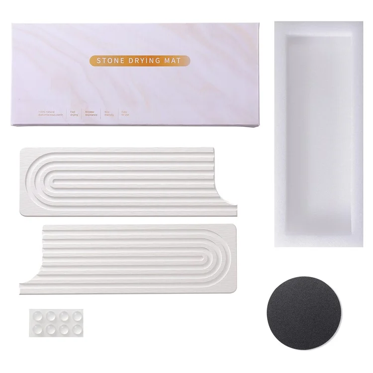 Set da 2 Pezzi Tappetino Assorbente a Forma di U per Lavandino, Materiale in Diatomite ad Asciugatura Rapida per Base Rubinetto, 60 x 10 cm - Contorno+Bianco