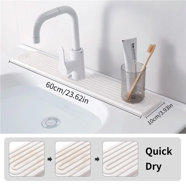 Set da 2 Pezzi Tappetino Assorbente a Forma di U per Lavandino, Materiale in Diatomite ad Asciugatura Rapida per Base Rubinetto, 60 x 10 cm - Contorno+Bianco