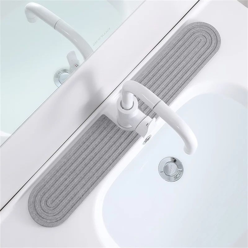 2Pcs / Set U Shape Sink Mat Water Absorbent Diatomite Quick Drying Pad for Faucet Base Washbasin, 60 x 10cm - Oval+Medium Grey