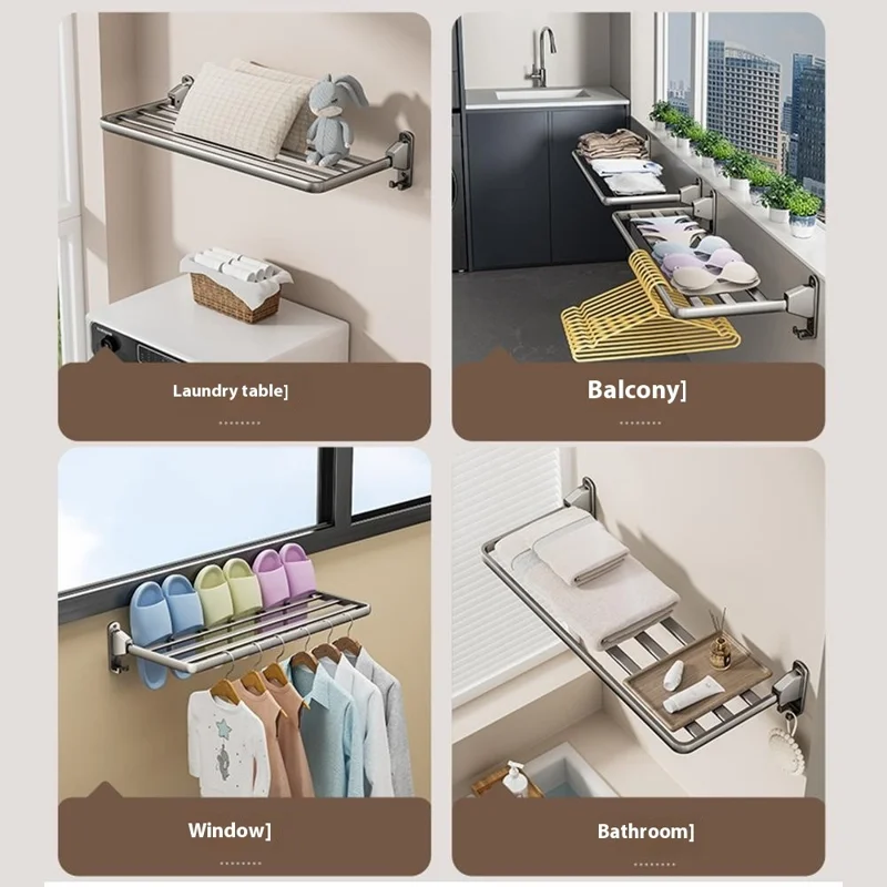 60cm Foldable Wall Mounted Drying Rack Balcony Aluminum Alloy Clothes Shoes Toys Hanger - Grey