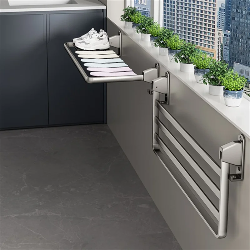 60cm Foldable Wall Mounted Drying Rack Balcony Aluminum Alloy Clothes Shoes Toys Hanger - Grey