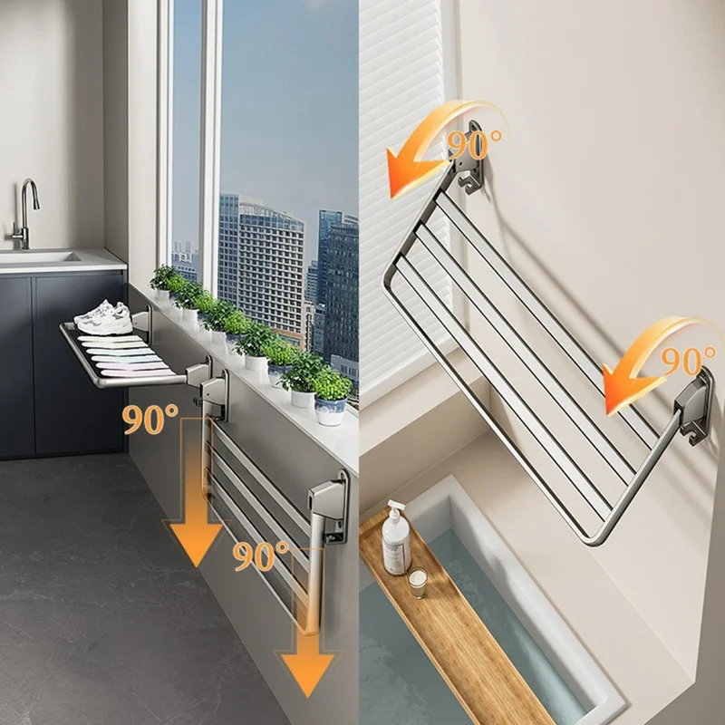 90cm Foldable Wall Mounted Drying Rack Balcony Aluminum Alloy Clothes Shoes Toys Hanger - Grey