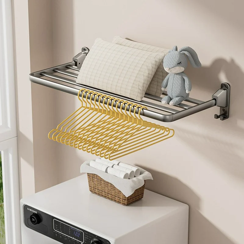 90cm Foldable Wall Mounted Drying Rack Balcony Aluminum Alloy Clothes Shoes Toys Hanger - Grey