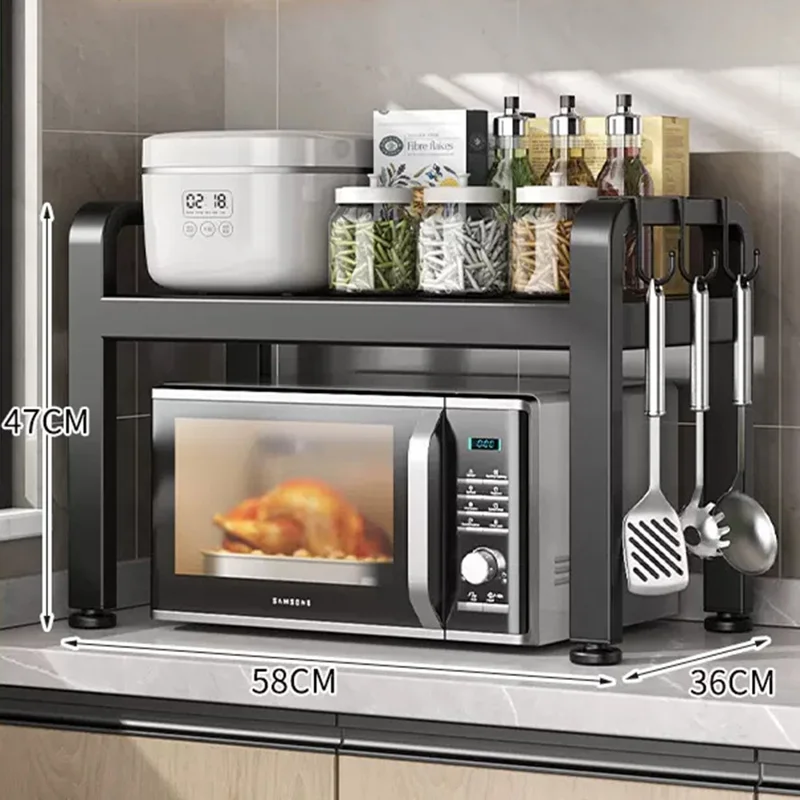 58cm Microwave Oven Top Rack Kitchen Countertop Organizer Carbon Steel Storage Shelf with 6 Hooks - Matte Black
