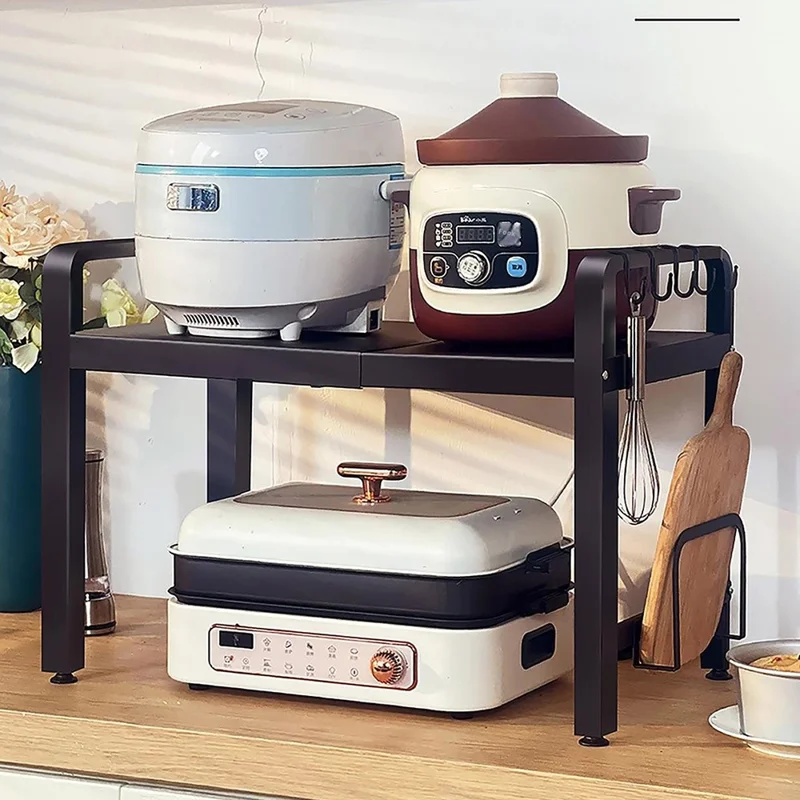 58cm Microwave Oven Top Rack Kitchen Countertop Organizer Carbon Steel Storage Shelf with 6 Hooks - Matte Black