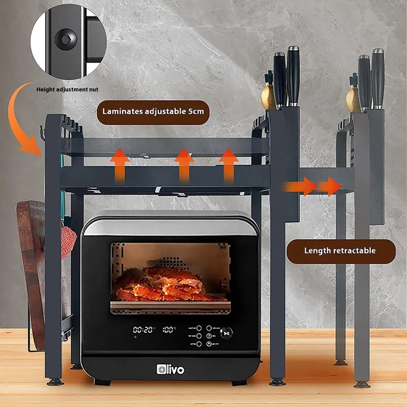 58cm Microwave Oven Top Rack Kitchen Countertop Organizer Carbon Steel Storage Shelf with 6 Hooks - Matte Black