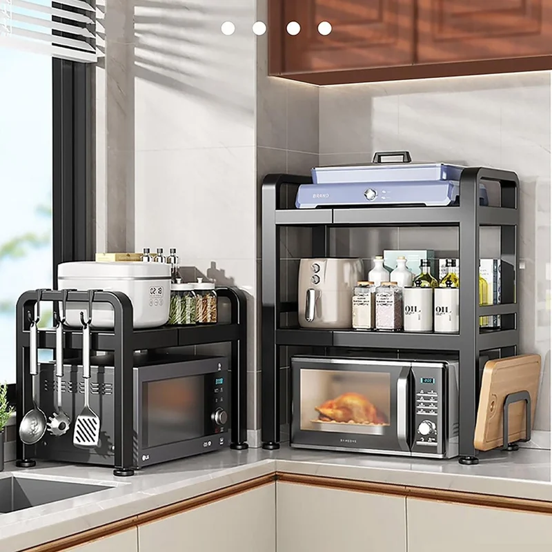 58cm Microwave Oven Top Rack Kitchen Countertop Organizer Carbon Steel Storage Shelf with 6 Hooks - Matte Black