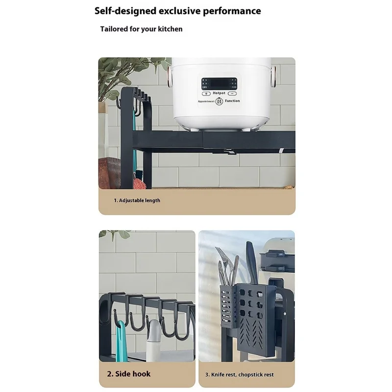 58cm Microwave Oven Top Rack Kitchen Countertop Organizer Carbon Steel Storage Shelf with 6 Hooks - Matte Black