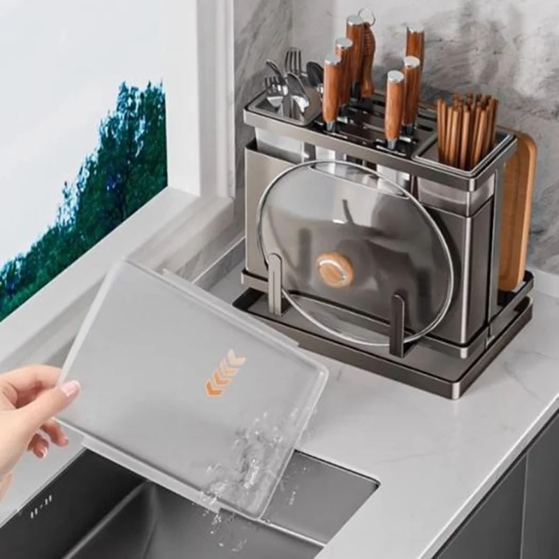 Support-couteaux en acier inoxydable 304 avec 2 seaux de rangement pour ustensiles de cuisine, égouttoir et organisateur