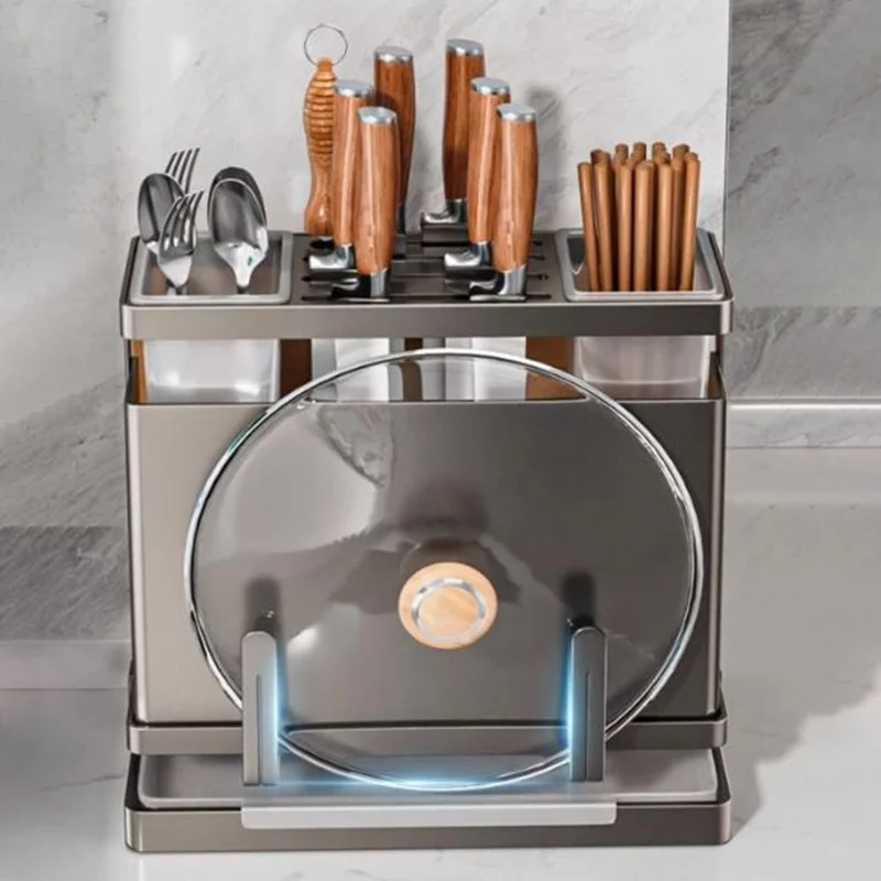 Support-couteaux en acier inoxydable 304 avec 2 seaux de rangement pour ustensiles de cuisine, égouttoir et organisateur