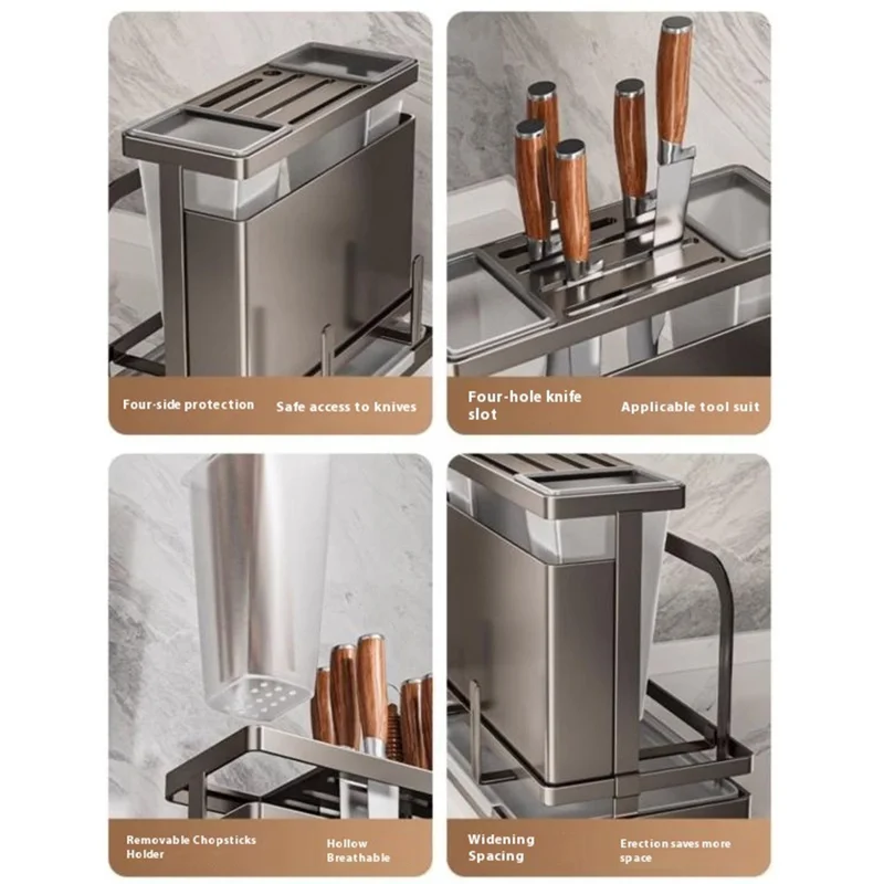 Support-couteaux en acier inoxydable 304 avec 2 seaux de rangement pour ustensiles de cuisine, égouttoir et organisateur