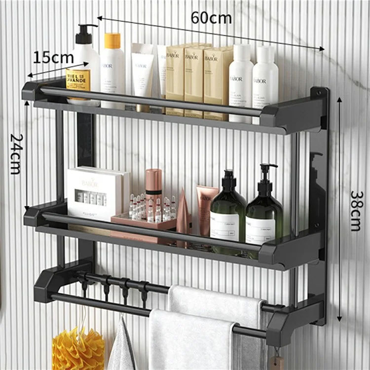 60cm Length Stainless Steel Towel Rack No Drilling Double Layer Wall Mounted Storage Shelf for Bathroom / Kitchen