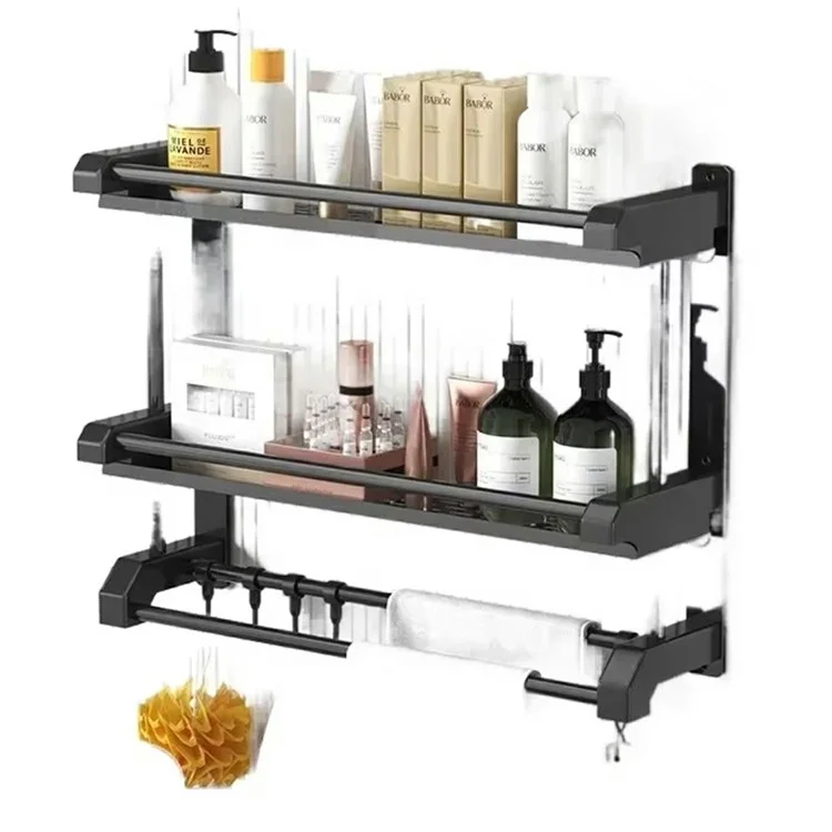 60cm Length Stainless Steel Towel Rack No Drilling Double Layer Wall Mounted Storage Shelf for Bathroom / Kitchen